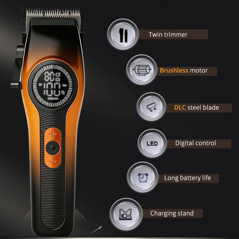 Pro Brushless Motor Hair Clipper with LCD Display, Multi-Speed Adjustment, Charging Base, Electric Trimmer for Barber Shop and Home Use