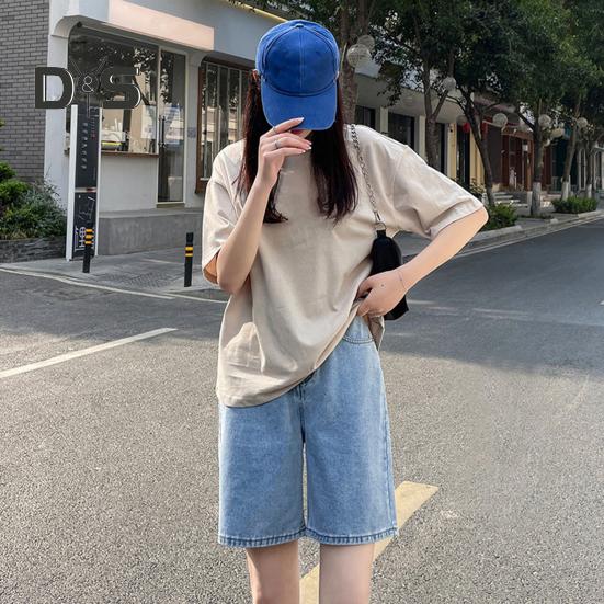 Women Knee Length Jeans A-line Adjustable Buttoned Waist Zipper Closure Plus Size Pockets Vintage Solid Color Loose Lady Denim Shorts Casual Short