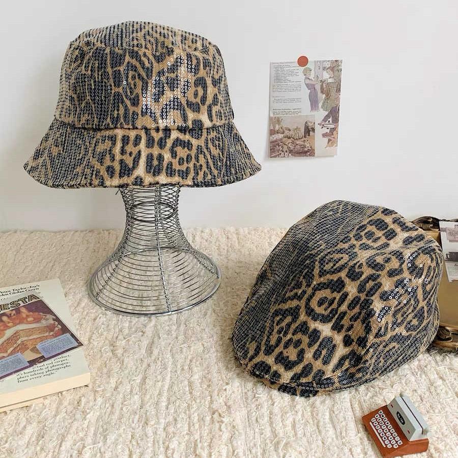Retro Leopardenmuster Pailletten Bucket Hat Frühling und Herbst personalisierte Mütze Damen lässige vielseitige Fischerhut zeigt Gesicht kleine Bucket Hat