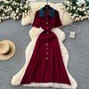 Solid Slimming Denim Spliced Single-buttons Knit Dresses for Women Turn Down Collar Short Sleeves Patchwork Elegant Dress Female