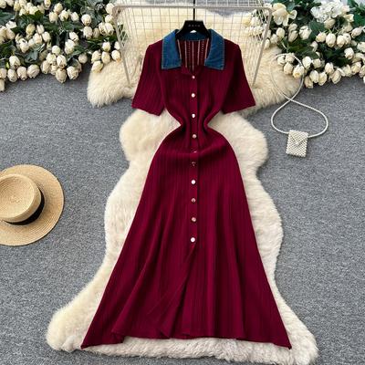 Solid Slimming Denim Spliced Single-buttons Knit Dresses for Women Turn Down Collar Short Sleeves Patchwork Elegant Dress Female