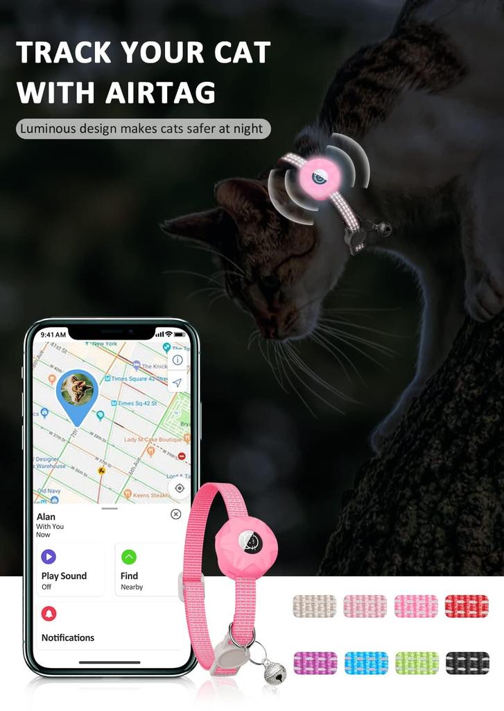 AirTag Cat Collar, Reflective Kitten Collar Detached Cat Collar, GPS Cat Collar with AirTag Bracket and Bell, Lightweight Tracking Cat Collar