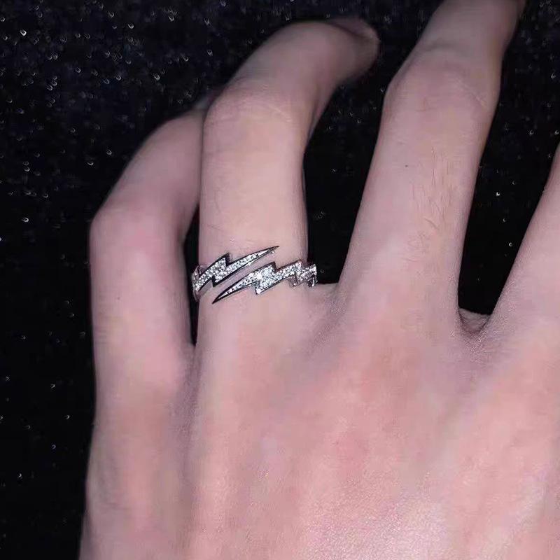 New Trendy Punk Hiphop Bling Zircon Lightning Opening Ring For Women Men Personality Design Adjustable Ring Cool Zircon