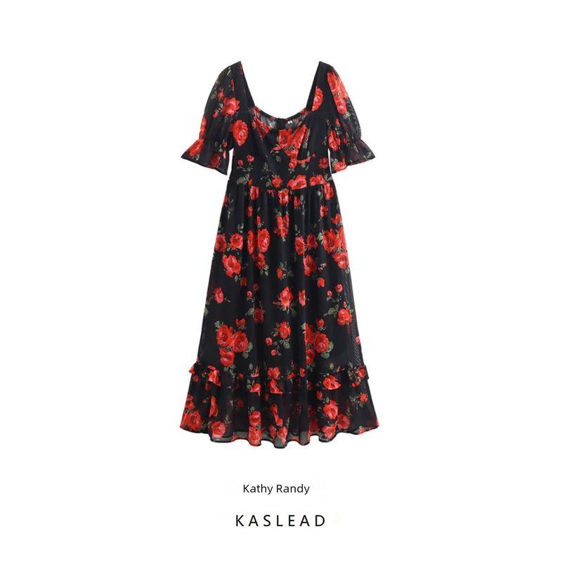 Kaslead New Arrival Women's Clothing Fashion Style Fashion Square Collar Mesh Floral Print Waist-Tight Elegant Ruffled Long Dress