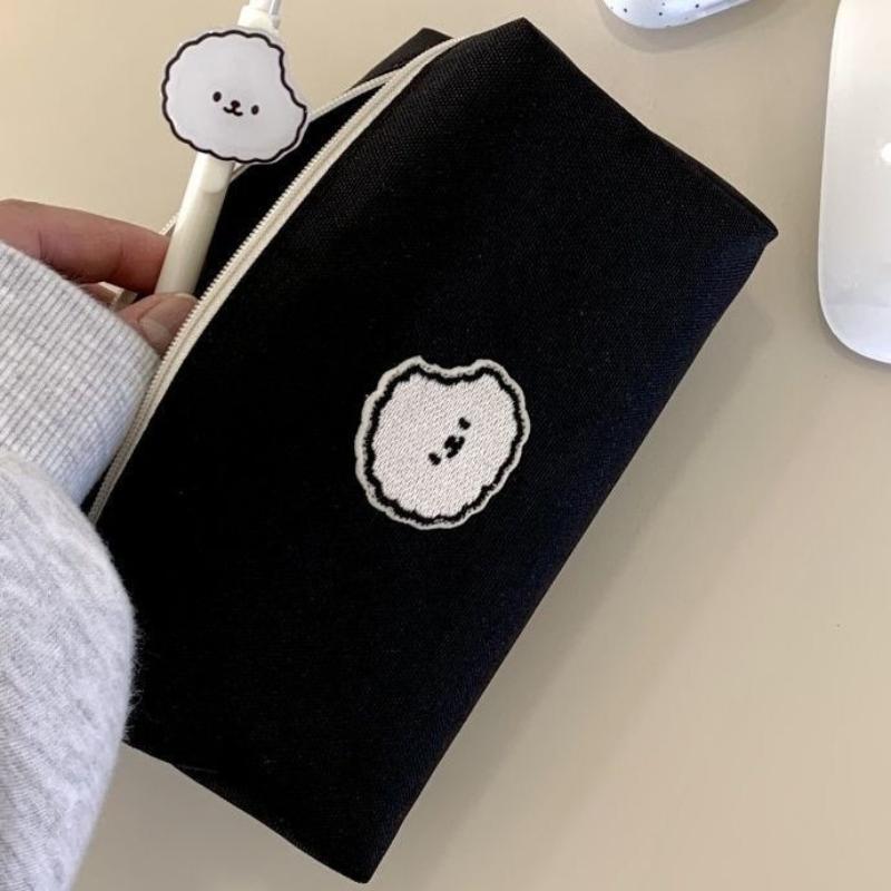 Black Puppy Canvas Pen Bag Pencil Case Student Cartoon Stationery Organizer For Teen School Supplies