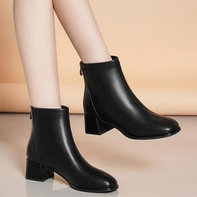 Botines de Otoño de Punta Redonda Talla Grande para Mujer Zapatos de Cuero de Tacón Medio Grueso Botines al Tobillo con Cremallera Trasera para Mujer Mujer