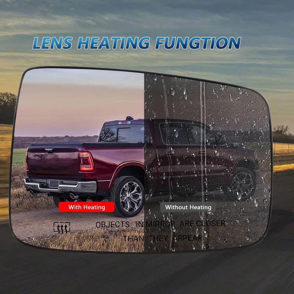 For Dodge Ram 1500/2500 Passenger Side Heated Mirror Glass | 2009-2018 Truck Mirror Replacement | Convex Design + Built-In Heater | Easy Tall