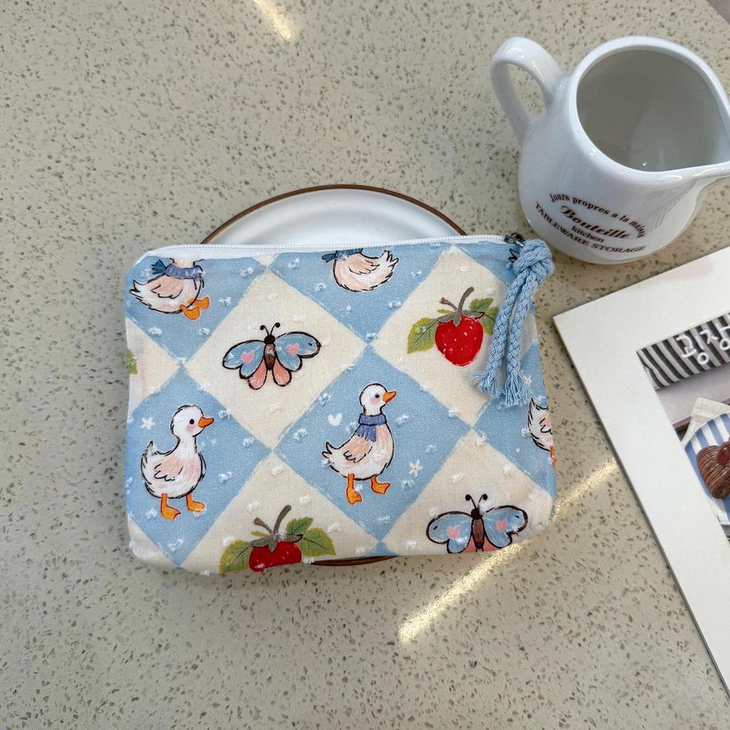 Adorable Blue Cartoon Makeup Bag: Mini Pure Cotton Coin and Earphone Pouch, Lipstick Carrier, Portable Storage.