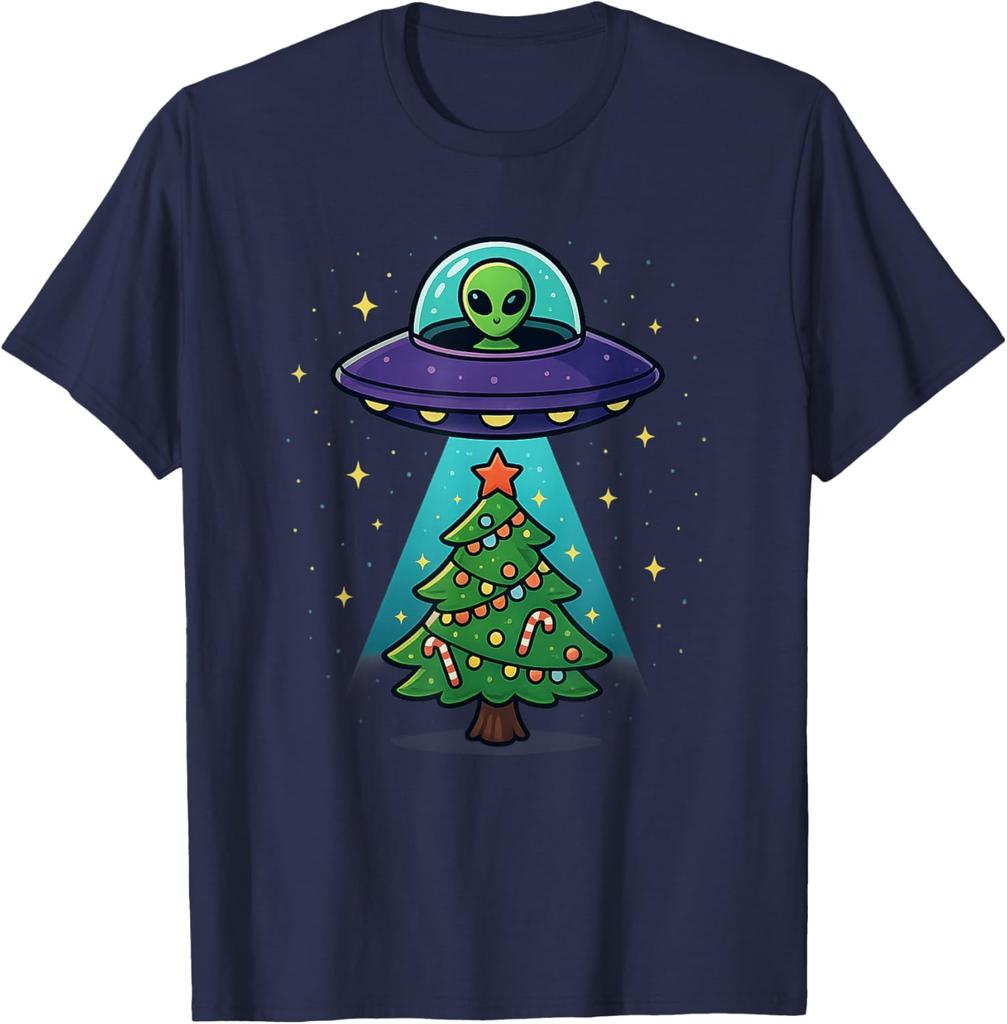 Alien UFO Abduction Christmas Tree Graphic Tee Funny Holiday Casual Cotton T-Shirt