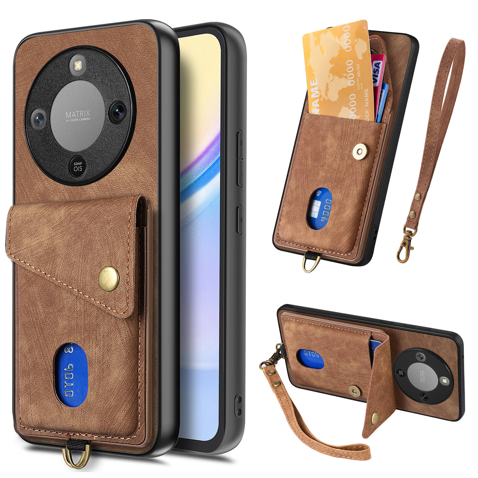 

Phone Case For Honor Magic8 Lite 5G / X9d 5G / X70 5G Card Holder Kickstand Leather Back Cover with Wrist Strap