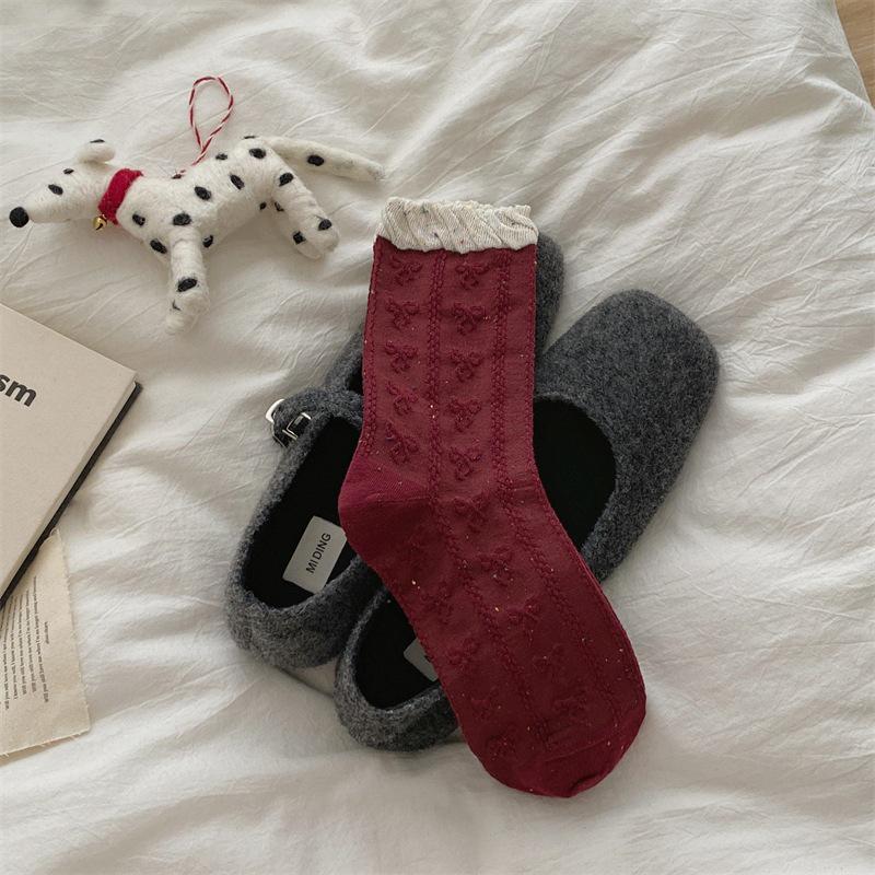 

Серия «Ягодный красный»: Женские носки до середины икры на осень/зиму - Аргайл и в горошек, со сборками One Size