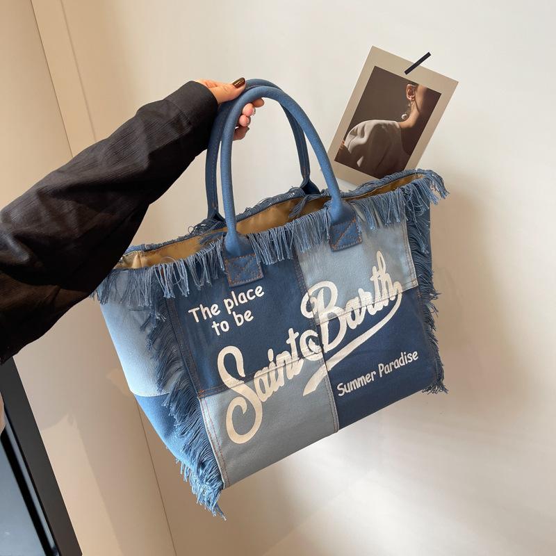 Large Capacity Denim Tote Bag New Canvas Bag Alphabet Handmade Commuter Fashion Shoulder Bag