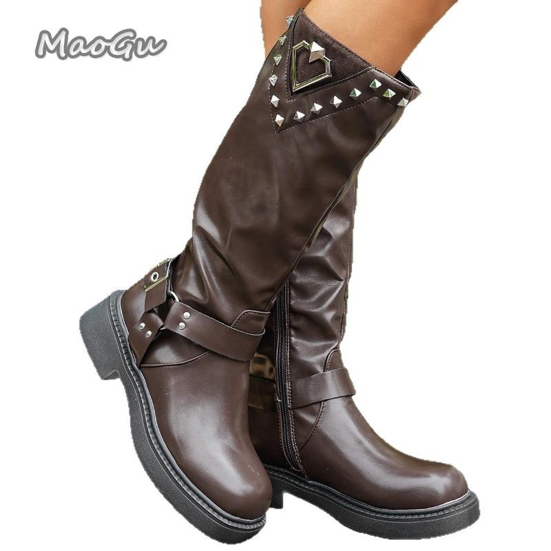Fashion Size 36-42 Black Brown PU Women's Long Boots Western Buckles Rivet Decor Ladies Knee-High Boots Autumn Fashion Botas Altas
