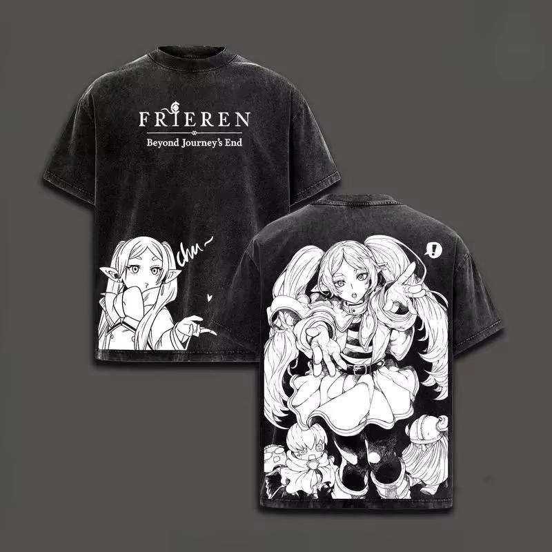 Gothic Washed Frieren Beyond Journey's End Printed T‑Shirt Anime Manga Retro Graphic Oversized Short Sleeve Casual Streetwear Cotton Tee For Men Women