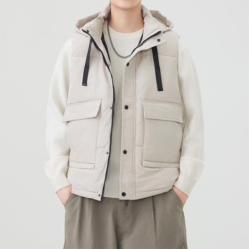 Men's Zipper Button Sleeveless Solid Color Cardigan Hooded Fashion Casual Loose Jacket Top