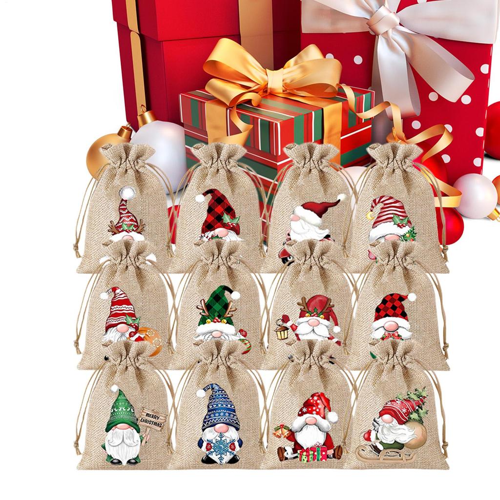 Christmas Candy Bags 12 Pieces Burlap Reusable Drawstring Decor Christmas Advent Bags for Halloween Thanksgiving Home Holiday