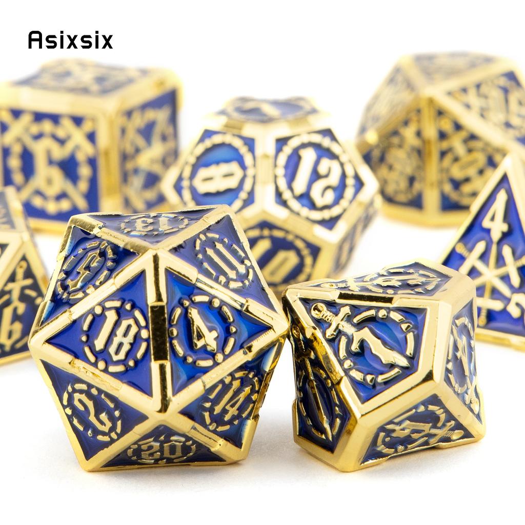 7 Pcs Golden Blue Double Swords Metal Dice Solid Polyhedral Dice Set Suitable for Role-Playing RPG Pathfinder Board Game