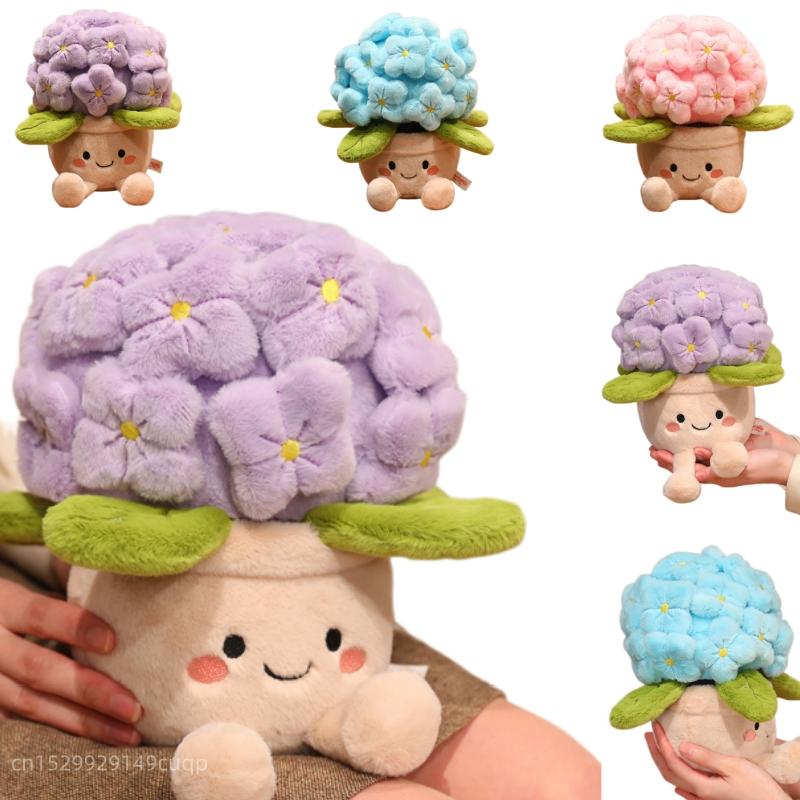 Bambola Peluche Fiore Ortensia Cartone Animato 30cm Carina Colorata Rosa Viola Blu Pianta in Vaso Giocattolo di Peluche Decorazione per la Casa Regalo per Bambini