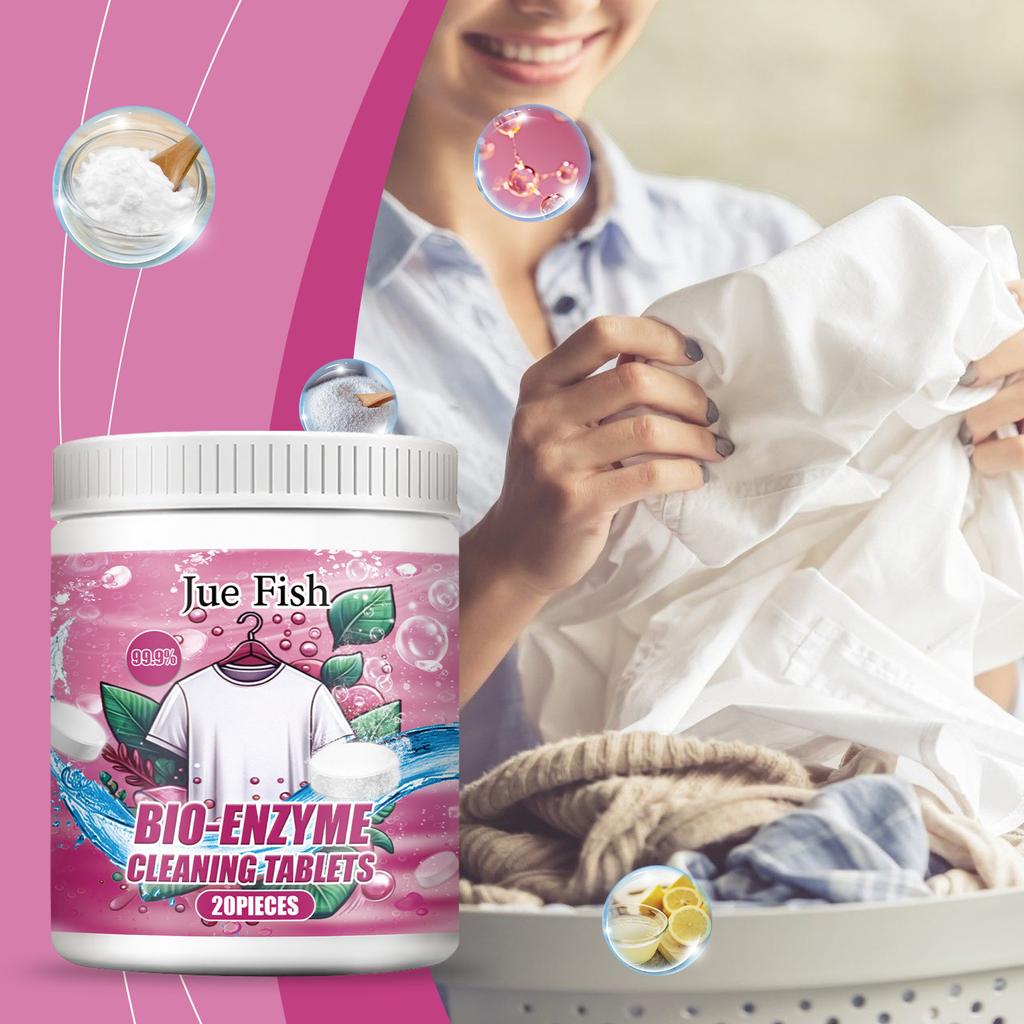 JUE FISH Bio-Enzyme Cleaning Tablets Clothing Oil Remover Clothes Sweat Stain Cleaner Laundry Whitener Fabric Clothes Effervescent Tablet