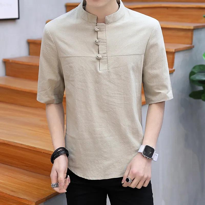Mens Linen Blend Frog Button Stand Collar Half Sleeve Shirt