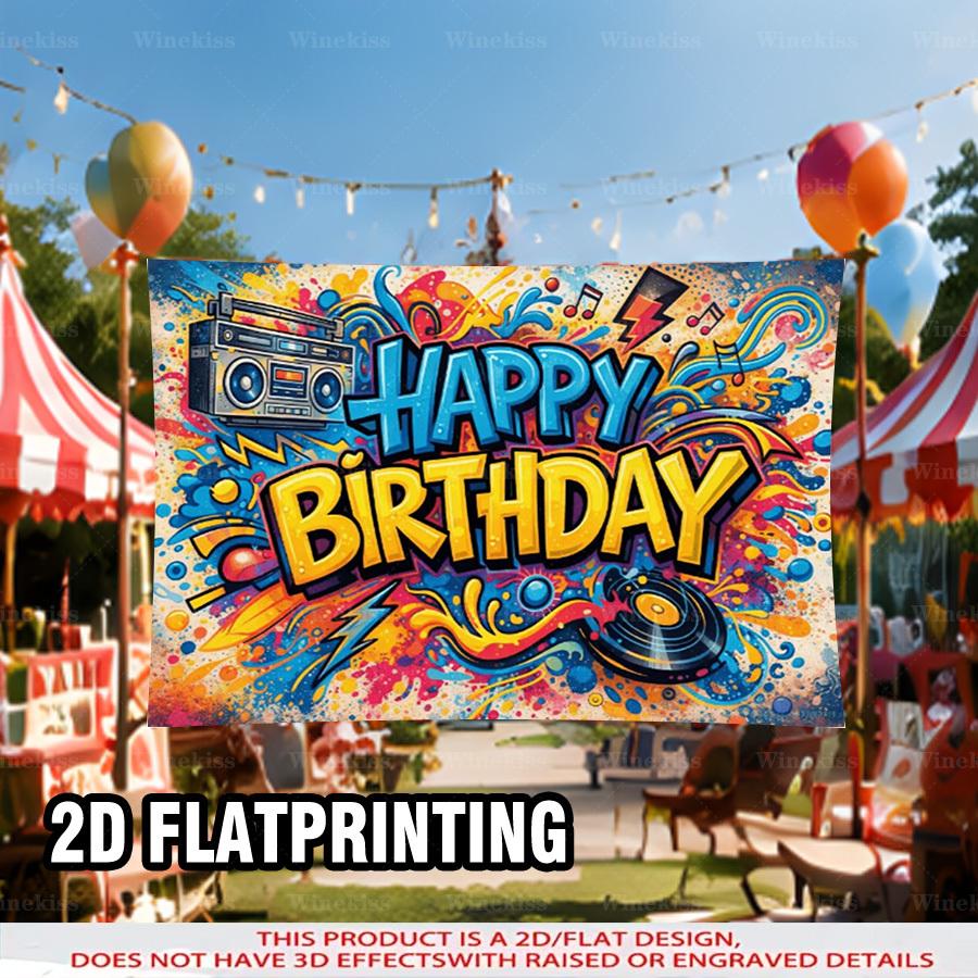 1pc 2D Flat Graffiti Happy Birthday Banner Vintage Music Theme Decor Indoor Outdoor Backdrop Garden Patio Birthday Celebration Party Decor
