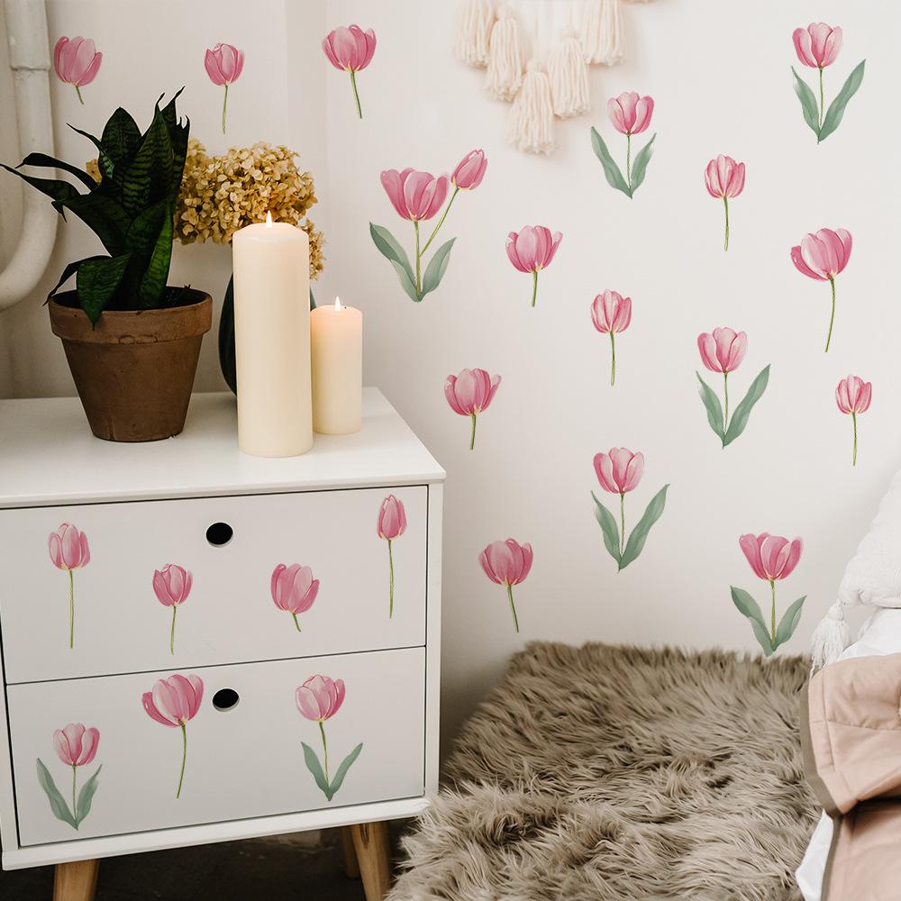 2 Pcs Simple Pen Pink Tulips Bedroom Living Room Home Wall Background Beautification Decoration Wall Stickers