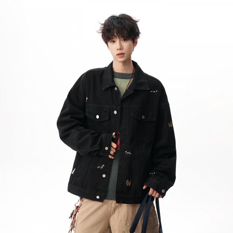 Unisex Oversized Denim Jacket With Embroidered Cartoon Dog Streetwear 2026 Casual Outerwear