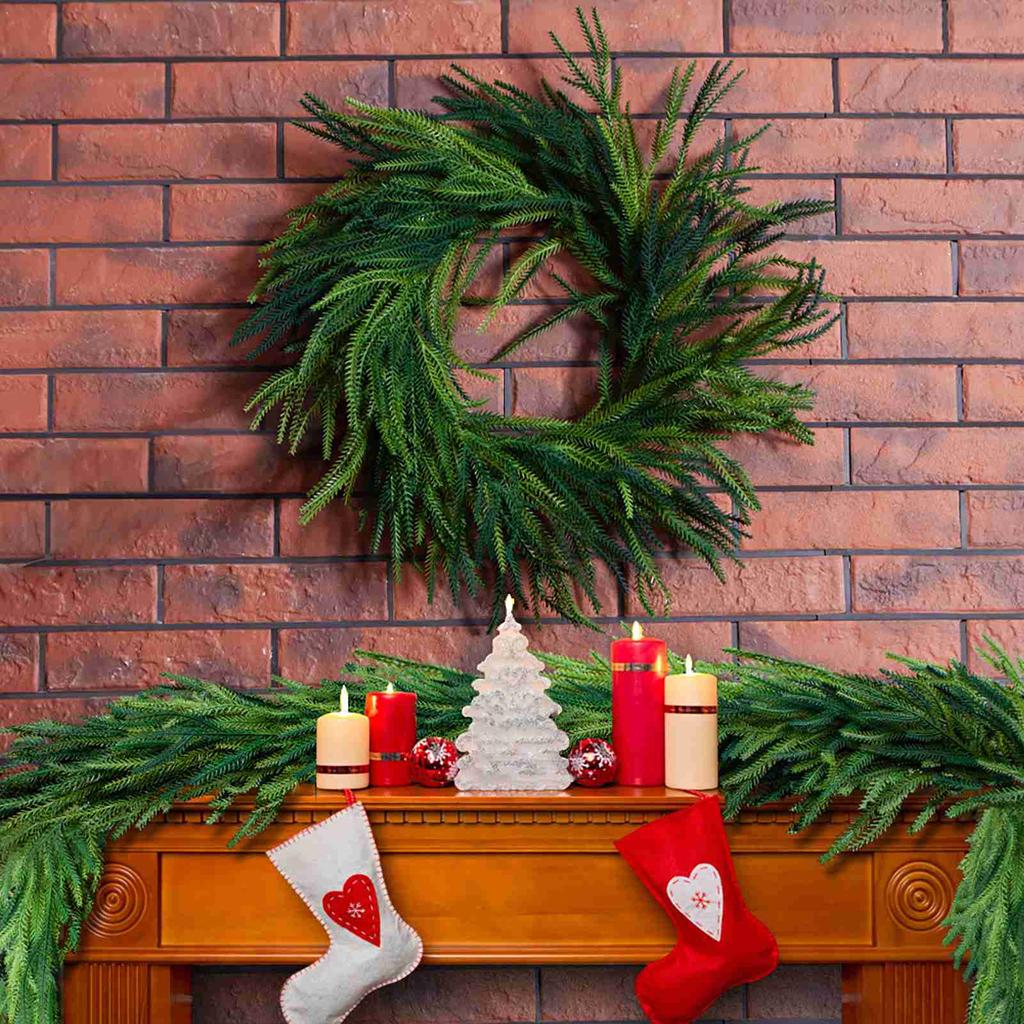 Artificial Pine Needle Wreath Faux Xmas Green Pine Hanging Wreath for Front Door Home Decor