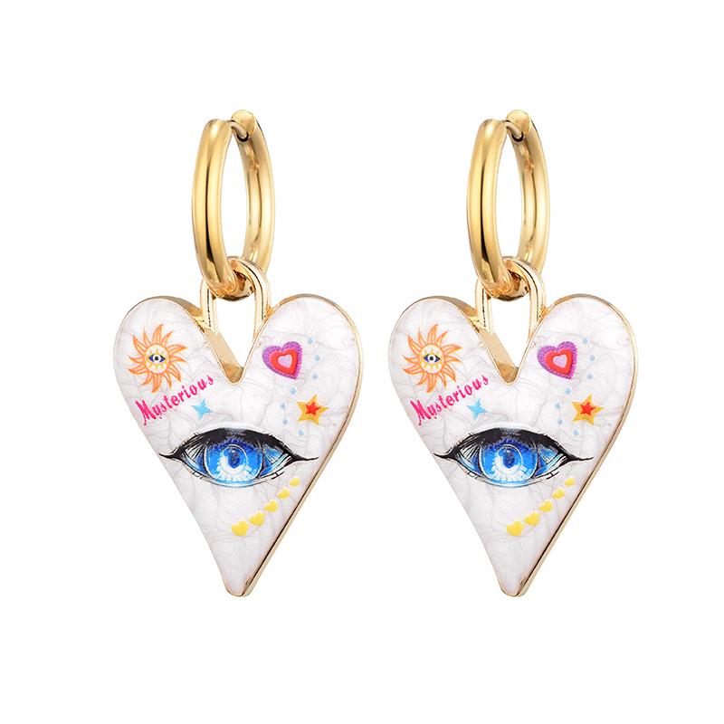 New Trendy Cute Heart Eye Stainless Steel Hoop Earrings For Women Colorful Vintage Enamel Gold Color Pendant Love Female Jewelry