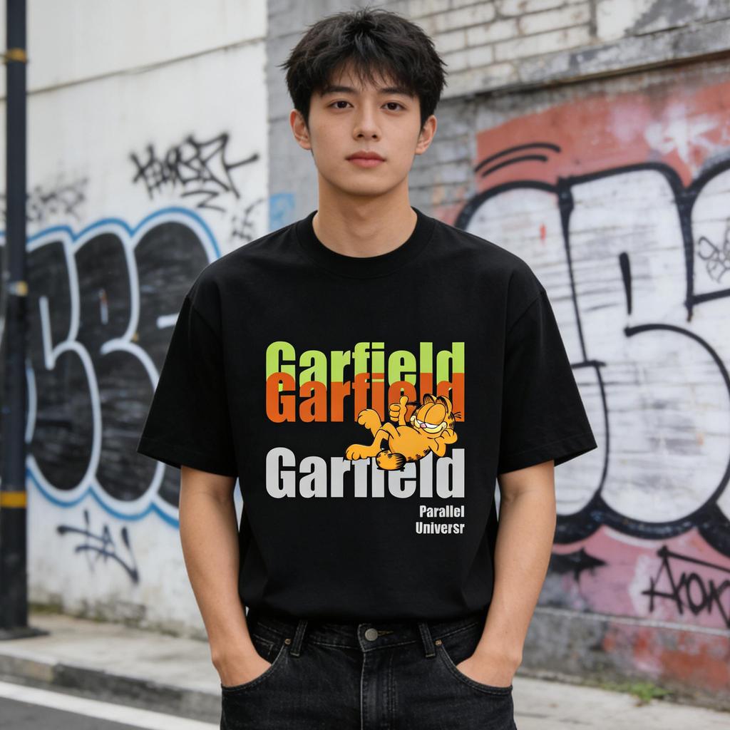 Garfield "Parallel Universe" Layered Color Letter Print Short Sleeve T-Shirt, American Streetwear Heavyweight Cotton Loose Fit Oversized Couple Top