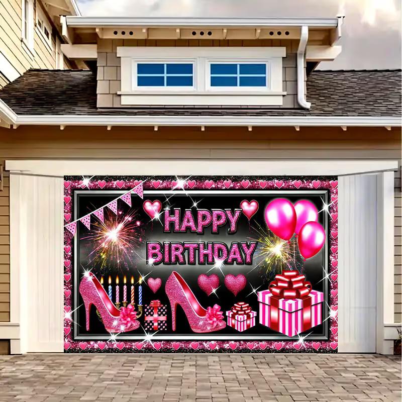 Sparkly Pink Birthday Tapestry, Glam Design with Glitter High Heels, Presents and Fireworks, Chic Party Wall Art