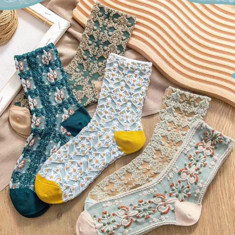5 Paar Retro Dreidimensionale Reliefsocken, DAMEN Mittellange Socken, Schlank und Süß im Sommer, Waldstil und Künstlerisch