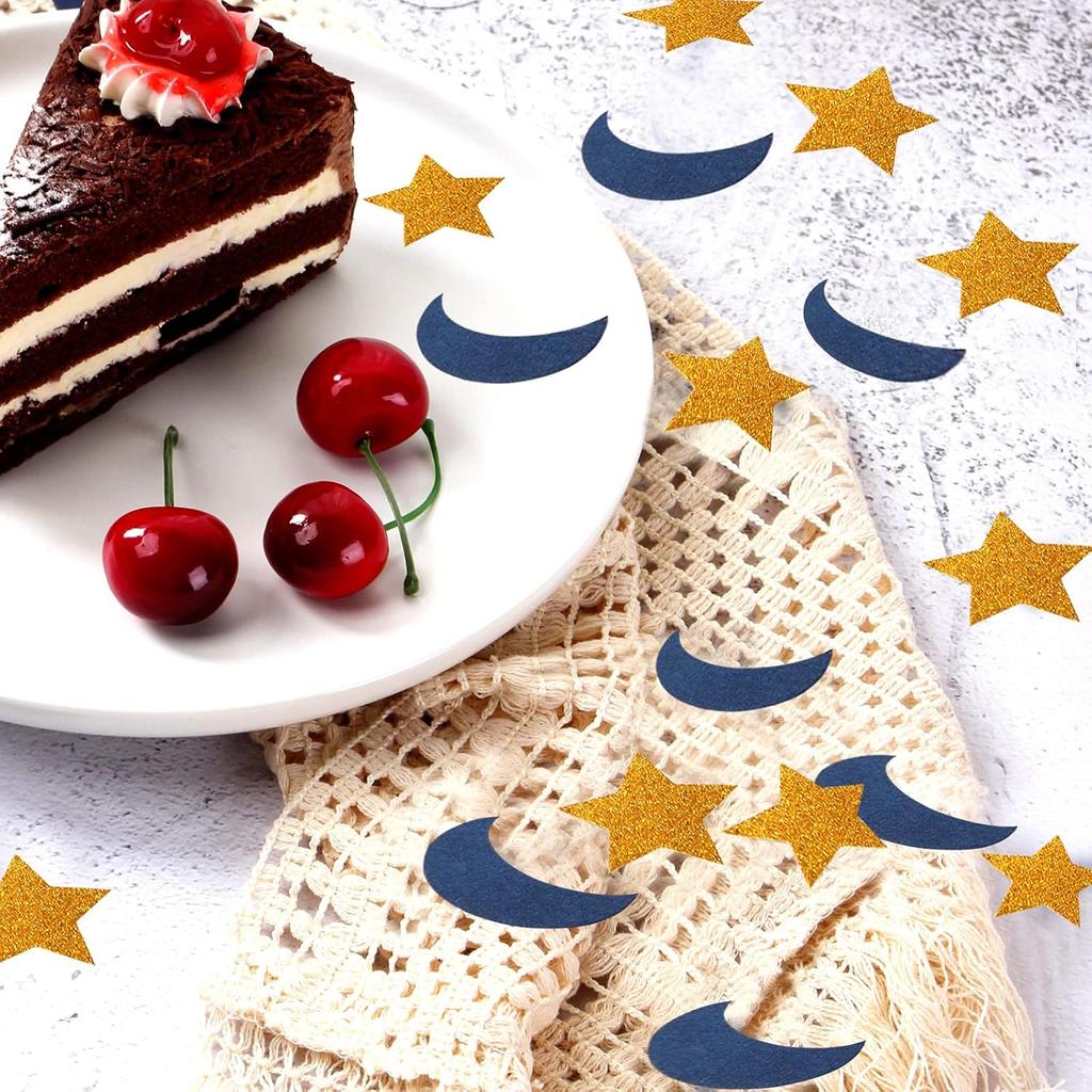 Navy-Blue Moon Gold Star Confetti - 300pcs Glitter Twinkle Little Star Table Confetti Eid Ramadan Mubarak Decoration Birthday Wedding Baby Shower