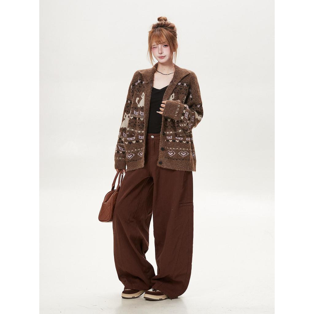 Women's Coffee Fair Isle Cat Knit Cardigan: Autumn/Winter, Loose Fit, Long Sleeve.