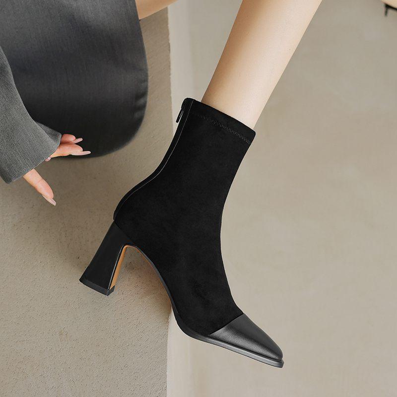 Krazing Pot Cow Skin Autumn Winter Shoes Square Toe Mixed Color Thick High Heels Zipper Chelsea Boots Women Stretch Ankle Boots