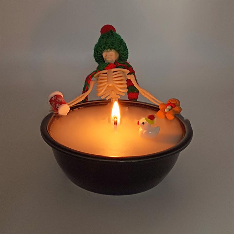Halloween Skeleton Candle Decorations Ornament Gothic Cauldron Milk Basin Bathing Skull Candle With Hat Scarf Home Decor Gift
