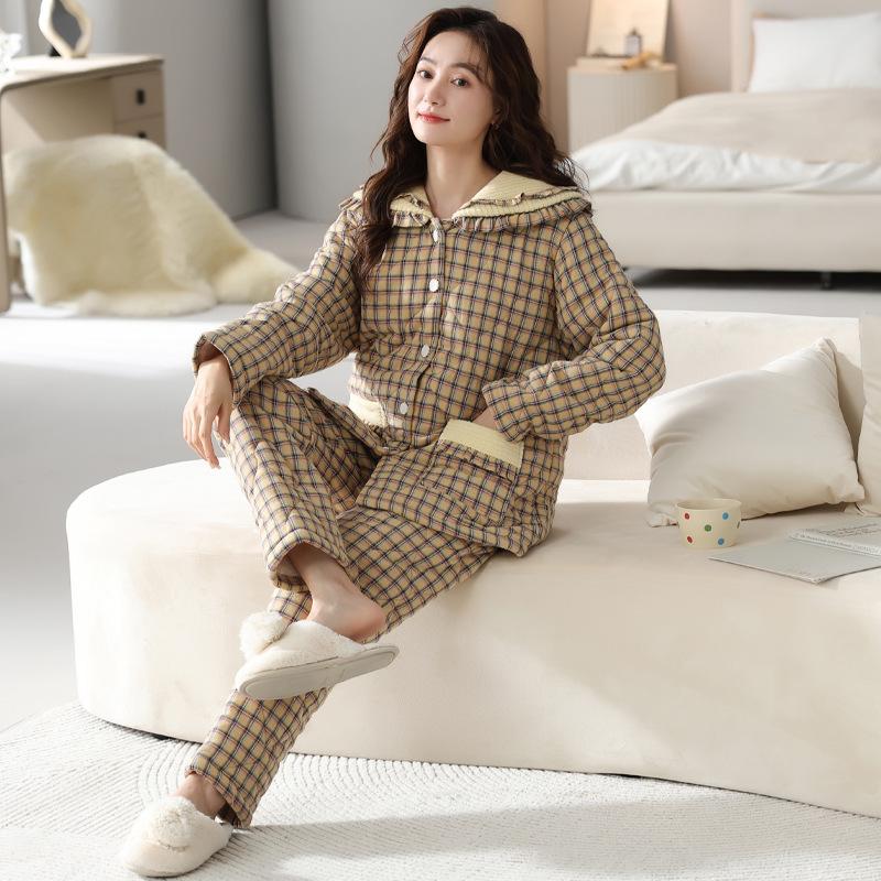 Casaco de algodão puro tecido pijamas para mulheres no inverno, três camadas espessadas algodão xadrez roupas quentes para casa, conjunto de inverno