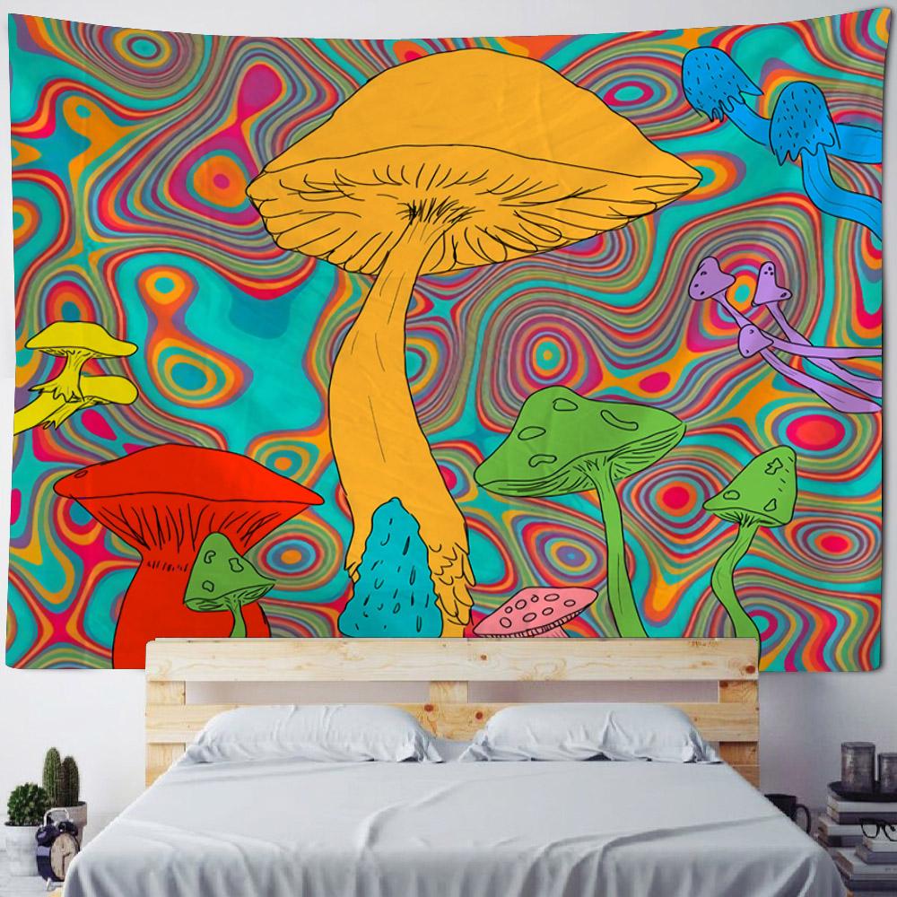 Tapestry, Psychedelic Forest Mushrooms, Room Decoration, Starry Sky, Plants, Cartoons, Bedroom Art Decoration Wall Hanging Cloth