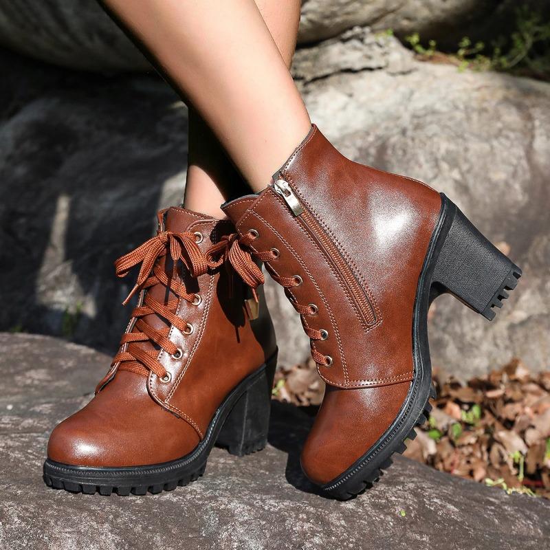 Women Boots Fashion Luxury Lace Up Ankle Boots Platform Artificial Leather High Heels Shoes Women New Trend Retro Outdoor Boots