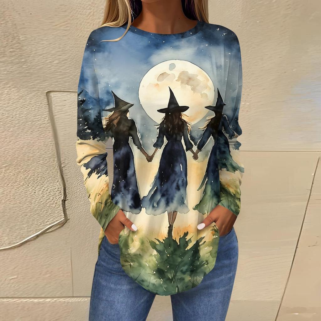 Women's Loose Fit Round Neck Long Sleeve Halloween Printed T-Shirt Vintage Irregular Hem Pullover