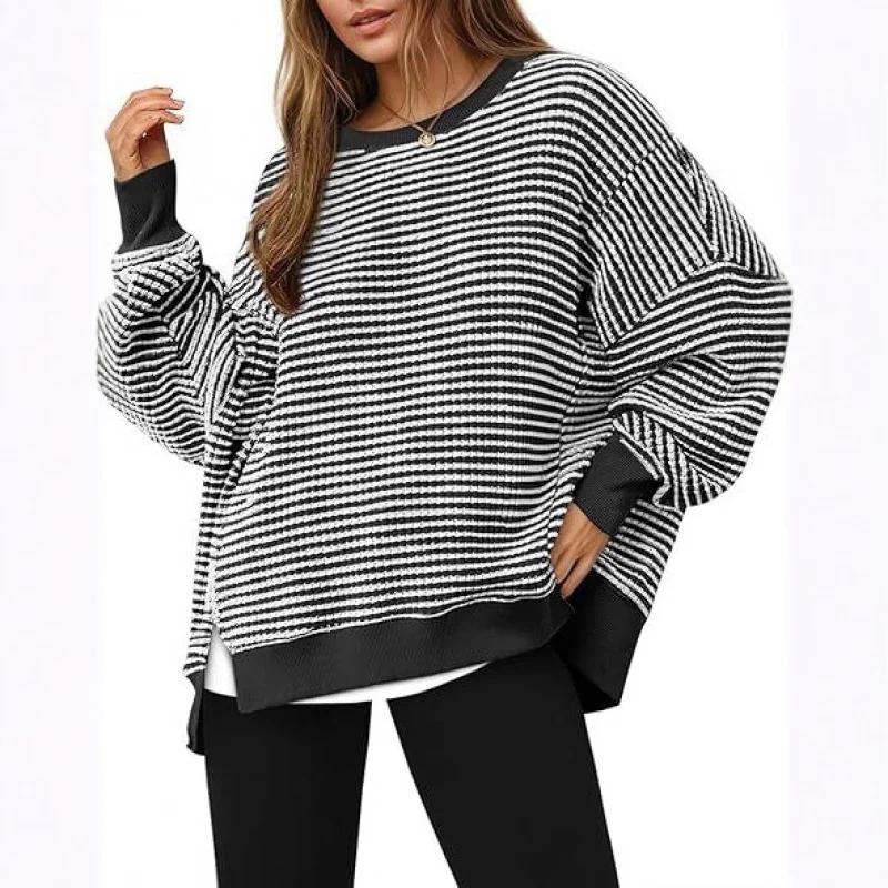 

Waffle Knit Long Sleeved Round Neck Pullover Sweatshirt with Loose Casual Slit Design and Striped Round Neck Commuting Tops S чёрный