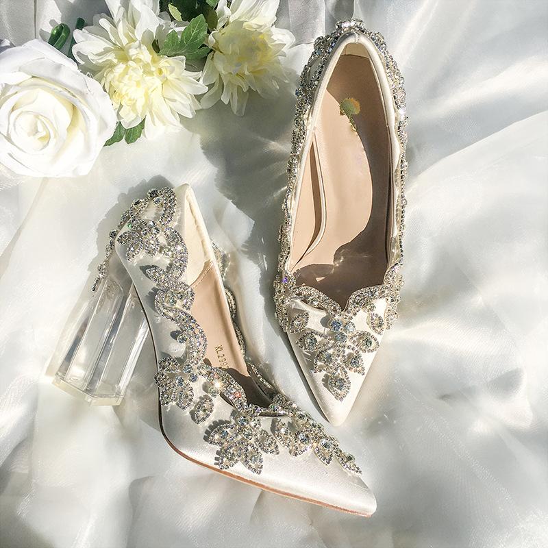 New shallow mouth pointed head satin rhinestone high heels transparent thick heel 9cm white crystal
