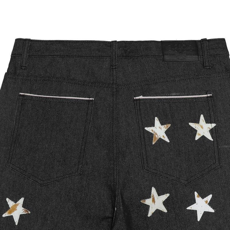 Mens Loose Straight Jeans Star Embroidery Streetwear Casual Denim Pants