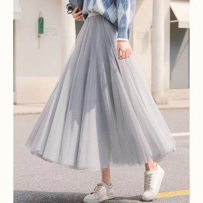 

Velvet & Mesh Pleated A-Line Skirt: Women s Fluffy Mid-Length Autumn/Winter Princess Fairy Style. One Size Length 78cm (80-150 Jin)