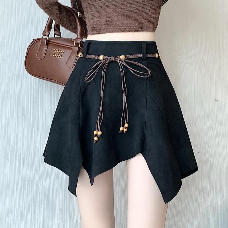 Women s Brown Suede Irregular Hem Lace-Up Mini Skirt S чёрный