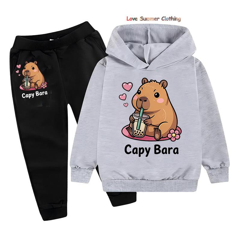 2-teiliges Mädchen Capybara Hoodie Jogginghosen Set Kinder Gemütliches Outfit Capybara Grafik Lässige Spielkleidung Maschinenwaschbar Alltag Sport Passendes Outfit für Jungen