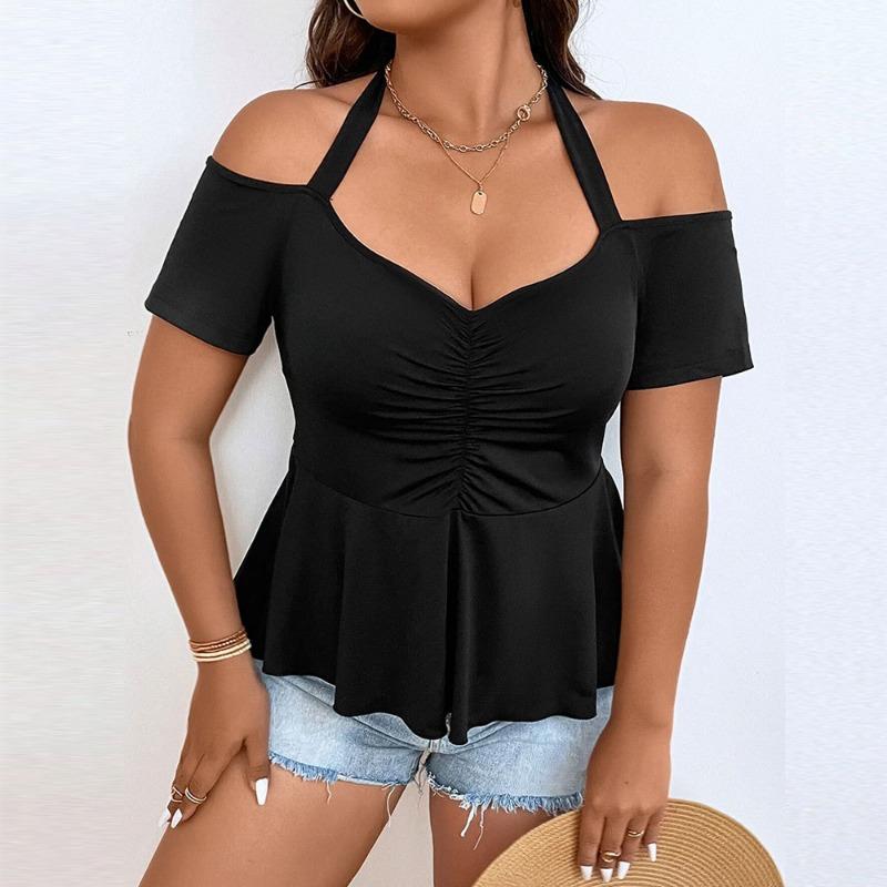 

Women Black Halter Neck Cold Shoulder Ruched Front Peplum Short Sleeve Casual Top XL чорний