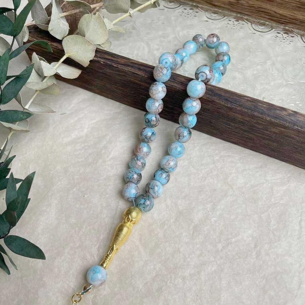 33 Beads Flower Glass Tasbih with Golden Tassel, 10mm Large Prayer Beads for Muslim Worship, Ramadan Gift for Family Friends