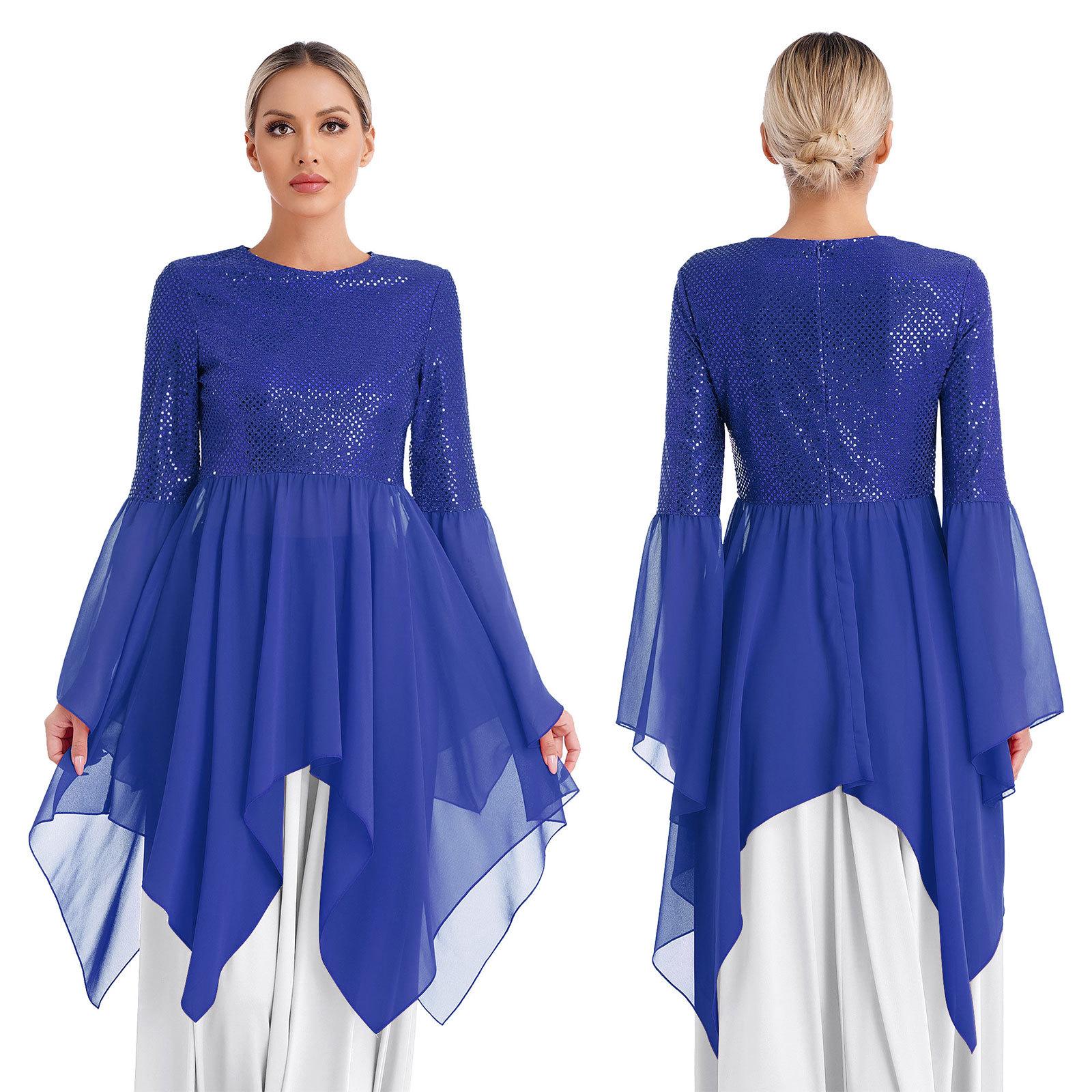 

Жіночий танцювальний костюм для хвали, накладна туніка, блискітки, ліричне поклоніння, літургійне танцювальне плаття XL синій