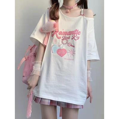 T-shirt à épaules dénudées pour femmes, Kawaii, Harajuku, doux fille, hauts blancs, Y2k, esthétique, mignon, graphique, chemise à la mode japonaise